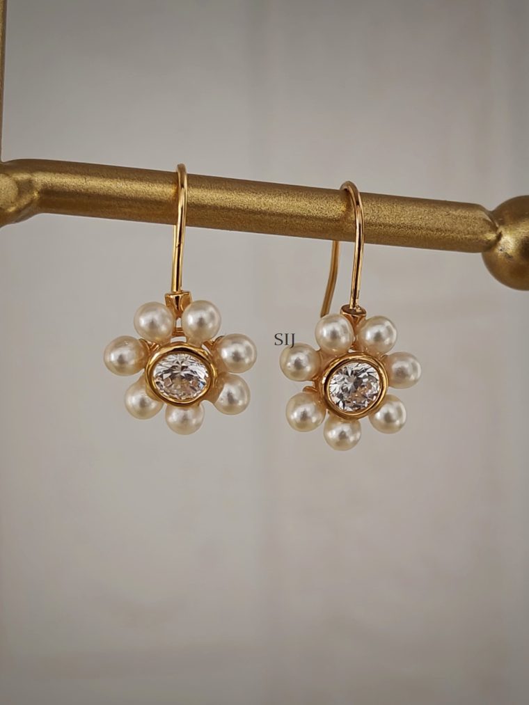 Gold Plated Flower Design Pearl Studded Hook Earrings