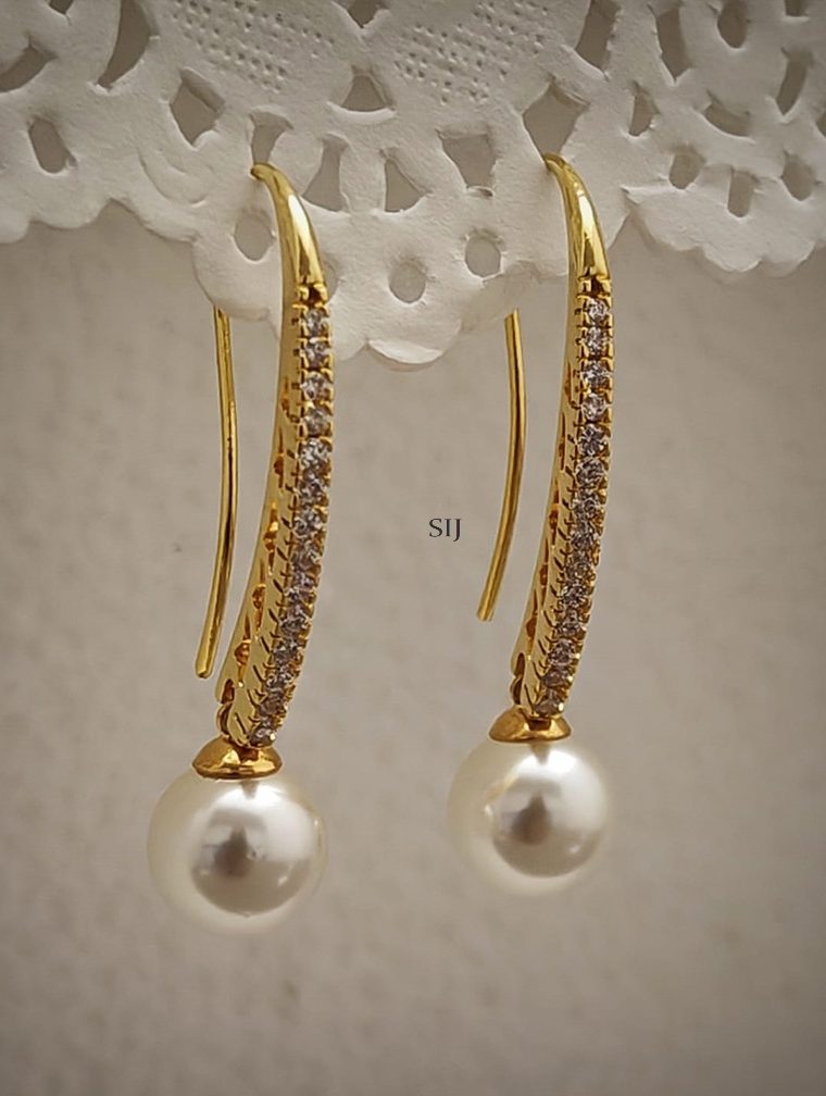 Gold Finish AD Stones Studded Pearl Drop Hook Earrings