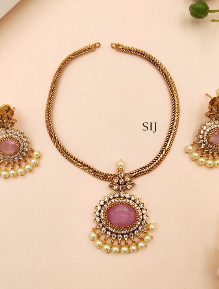 Traditional Gold Plated Pink Stone Attigai Necklace