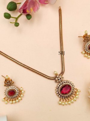 Imitation Gold Plated Red Stone Attigai Necklace