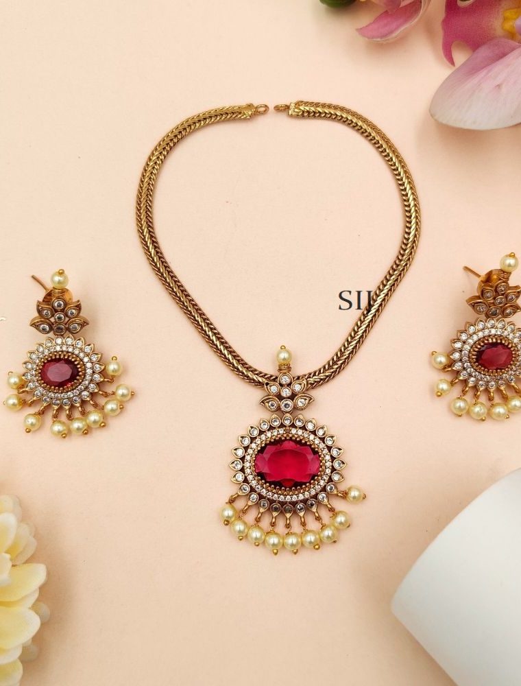 Imitation Gold Plated Red Stone Attigai Necklace