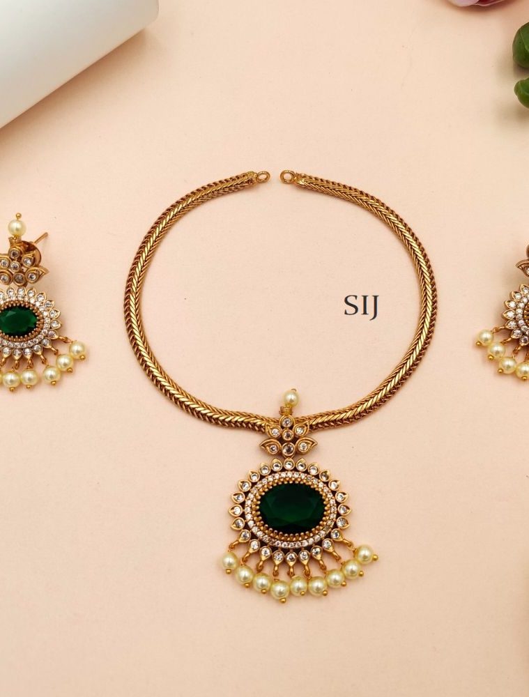 Artificial Gold Plated Green Stone Attigai Necklace