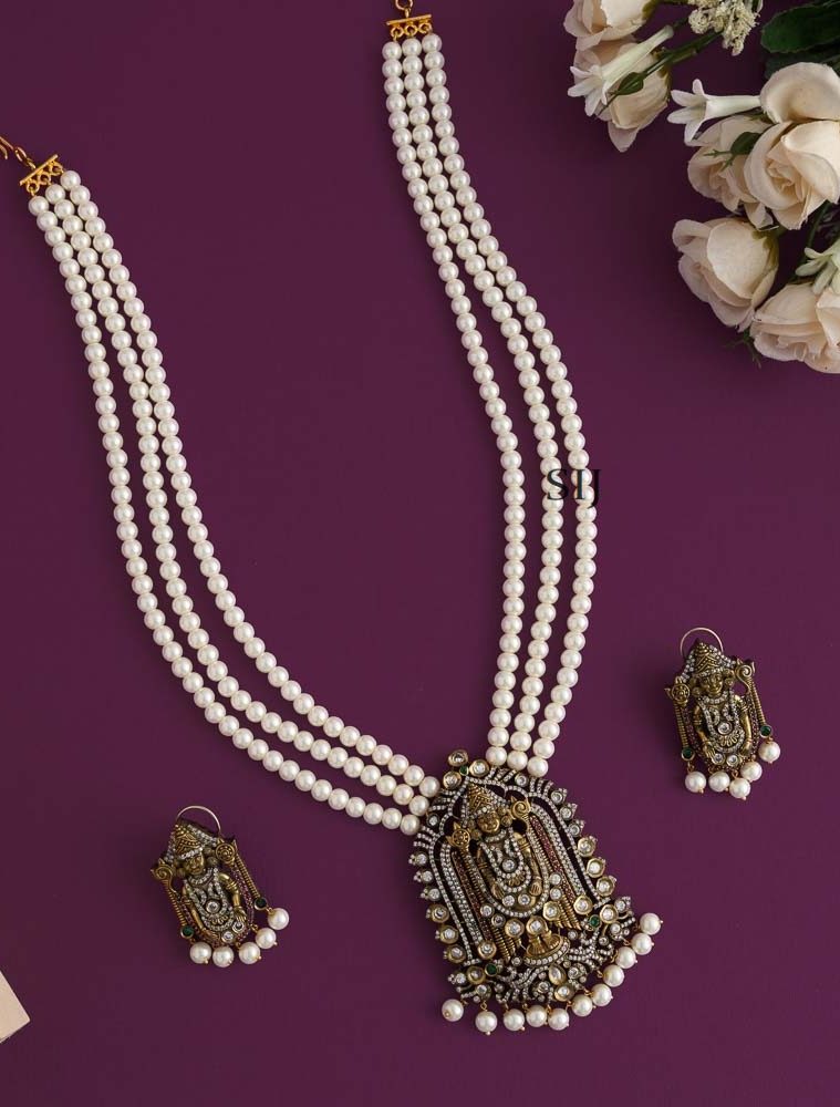 Imitation Pearl Layered Perumal Pendant Long Necklace