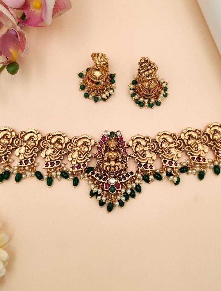 Traditional Lakshmi and Peacock High Neck Choker