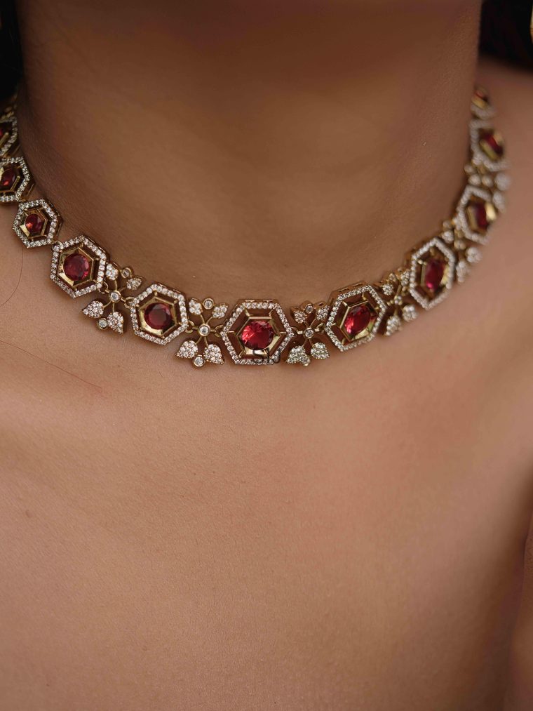 Imitation Ruby and White Stones Necklace Set