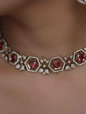 Imitation Ruby and White Stones Necklace Set