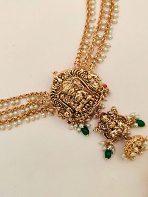 Antique Lakshmi Jadai Billai Green Beaded With Mattal