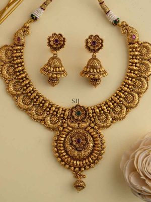 Artificial Flower Design Necklace With Matching Jhumkas