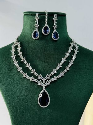 Blue Stone Silver Plated AD Necklace With Earrings And Maang Tikka