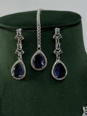 Blue Stone Silver Plated AD Necklace With Earrings And Maang Tikka