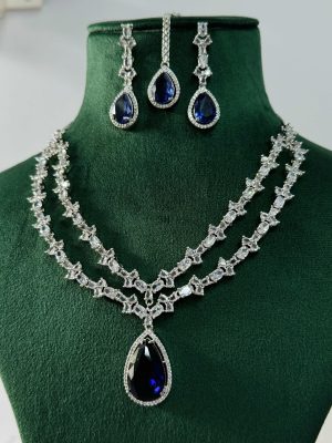 Blue Stone Silver Plated AD Necklace With Earrings And Maang Tikka