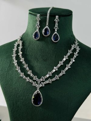 Blue Stone Silver Plated AD Necklace With Earrings And Maang Tikka