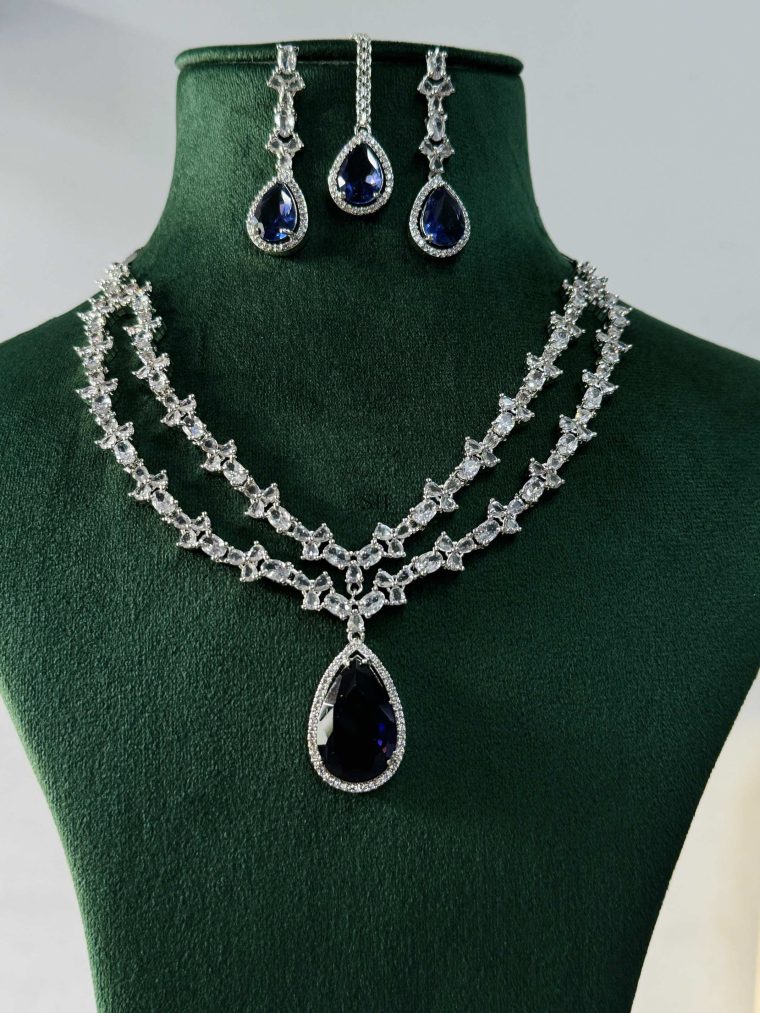 Blue Stone Silver Plated AD Necklace With Earrings And Maang Tikka