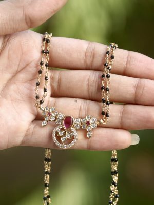 Flower Design Green& Pink Color Stones Mangalsutra