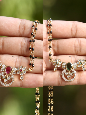 Flower Design Green& Pink Color Stones Mangalsutra