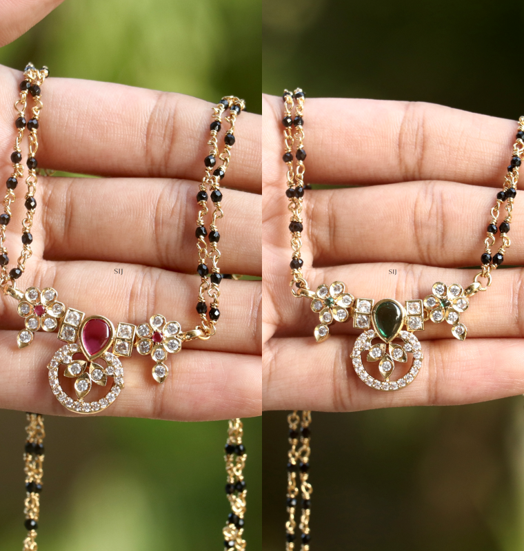 Flower Design Green& Pink Color Stones Mangalsutra