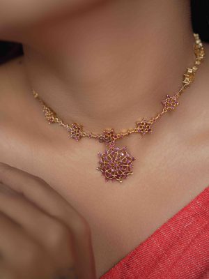 Gold Finish Floral Ruby Necklace