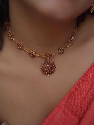 Gold Finish Floral Ruby Necklace