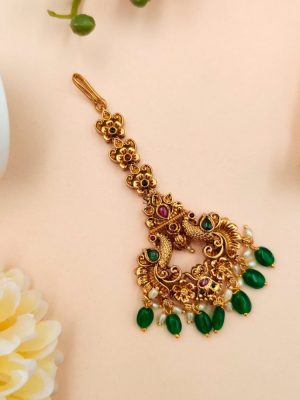 Gold Finish Green Beaded Dual Peacock Tikka