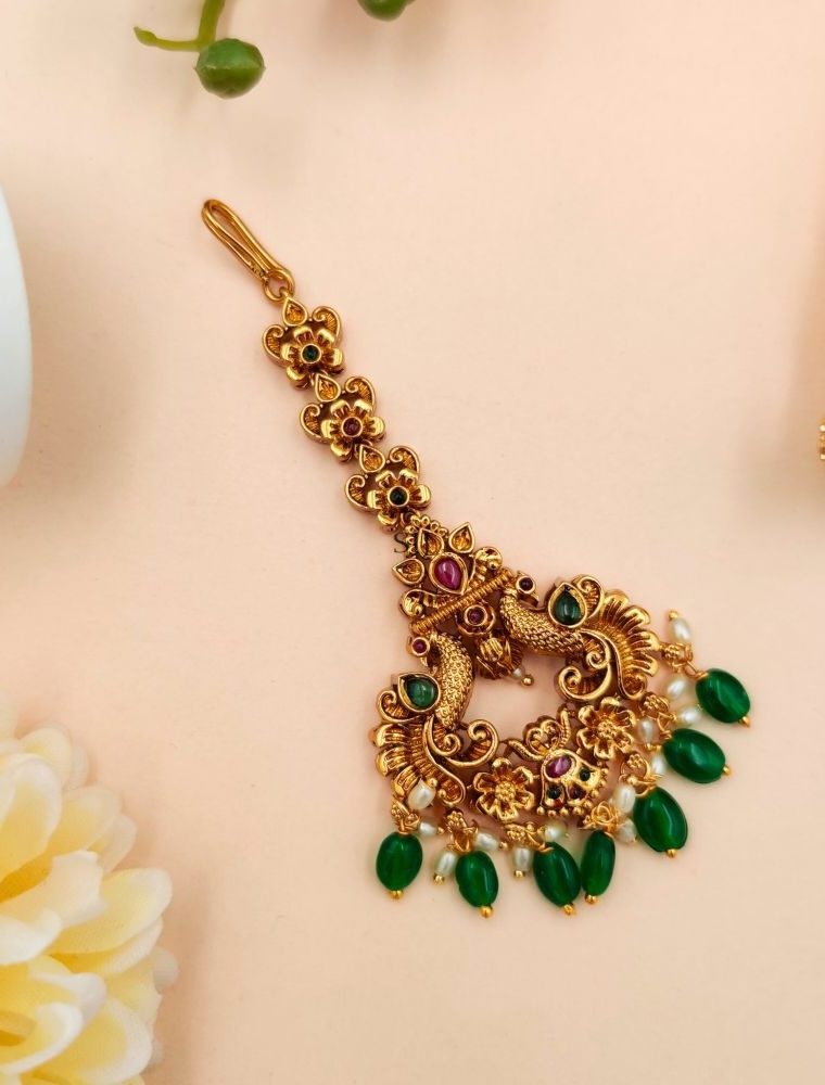 Gold Finish Green Beaded Dual Peacock Tikka