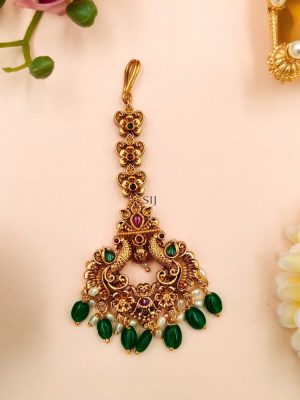 Gold Finish Green Beaded Dual Peacock Tikka