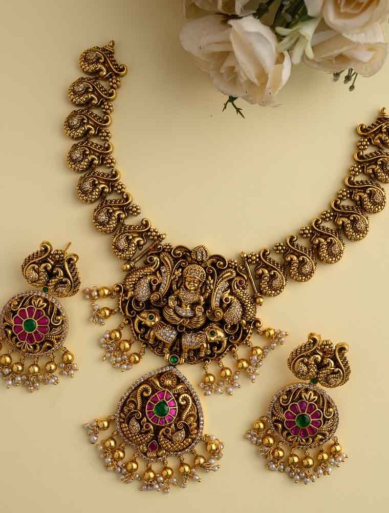 Gold Finish Jadau Pendant Lakshmi Necklace