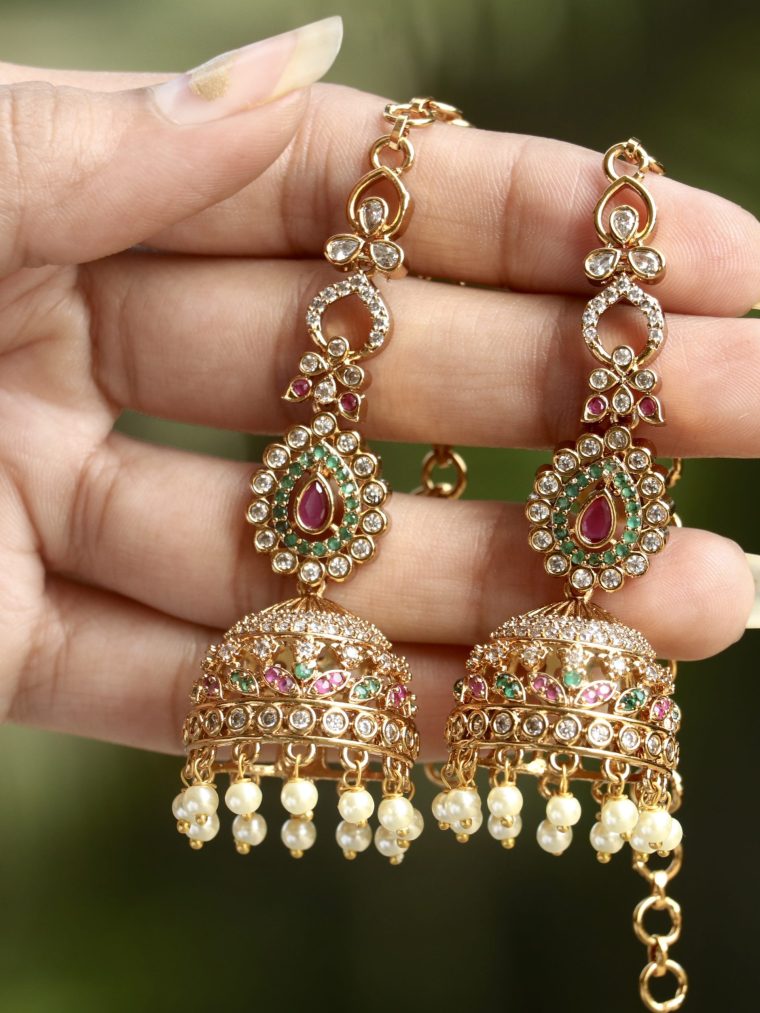 Gold Finish Pearl Drop Ear Chains &Jhumkas