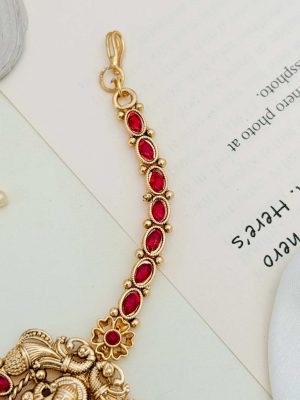 Gold Finish Rice Pearl Drop Red Stones Lakshmi Manga Tikka