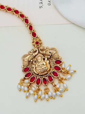 Gold Finish Rice Pearl Drop Red Stones Lakshmi Manga Tikka