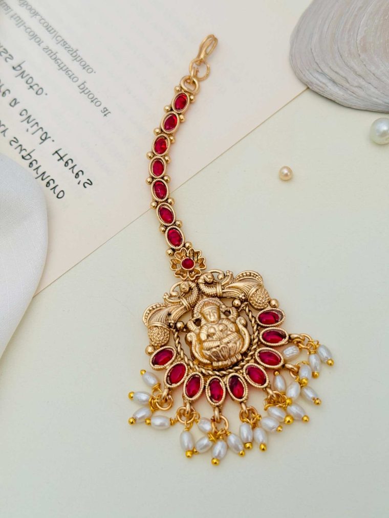 Gold Finish Rice Pearl Drop Red Stones Lakshmi Manga Tikka