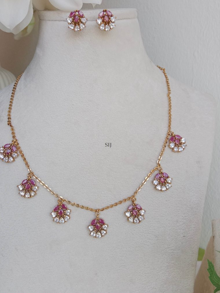 Gold Finish Ruby& White Stones Pendant Drop Necklace