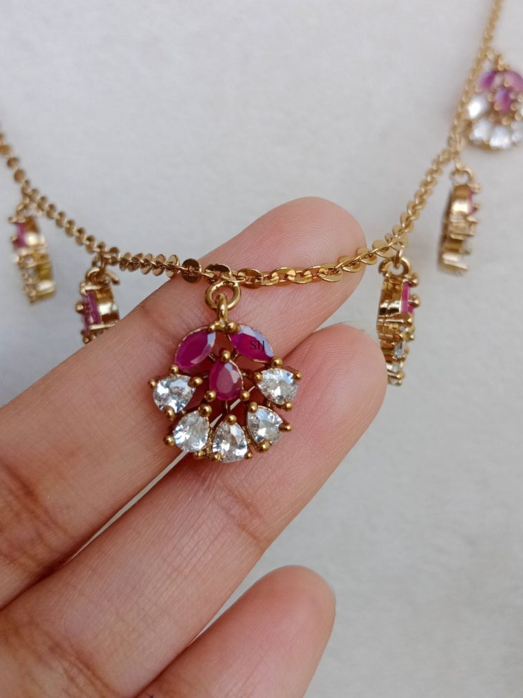 Gold Finish Ruby& White Stones Pendant Drop Necklace