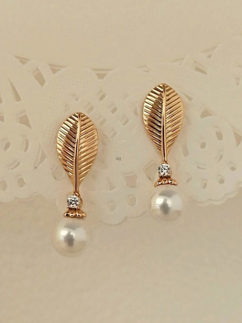 Gold Plated Leaf Design Pearl Drop Earrings