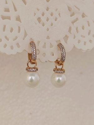 Gold Plated Pearl Drop AD Hoops Earrings