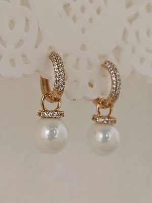 Gold Plated Pearl Drop AD Hoops Earrings