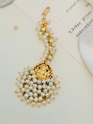 Gold Plated Pearl Studded Lakshmi Devi Manga Tikka