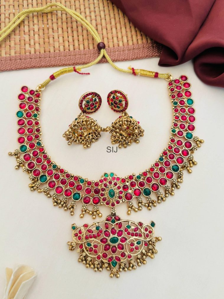 Gold Plated Red& Green Stones Peacock Design Necklace