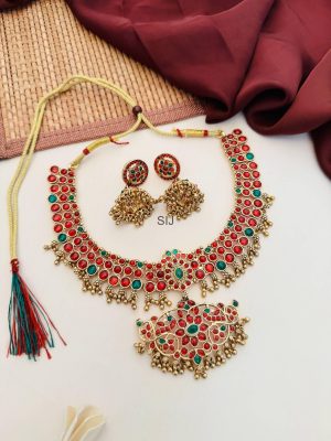 Gold Plated Red& Green Stones Peacock Design Necklace