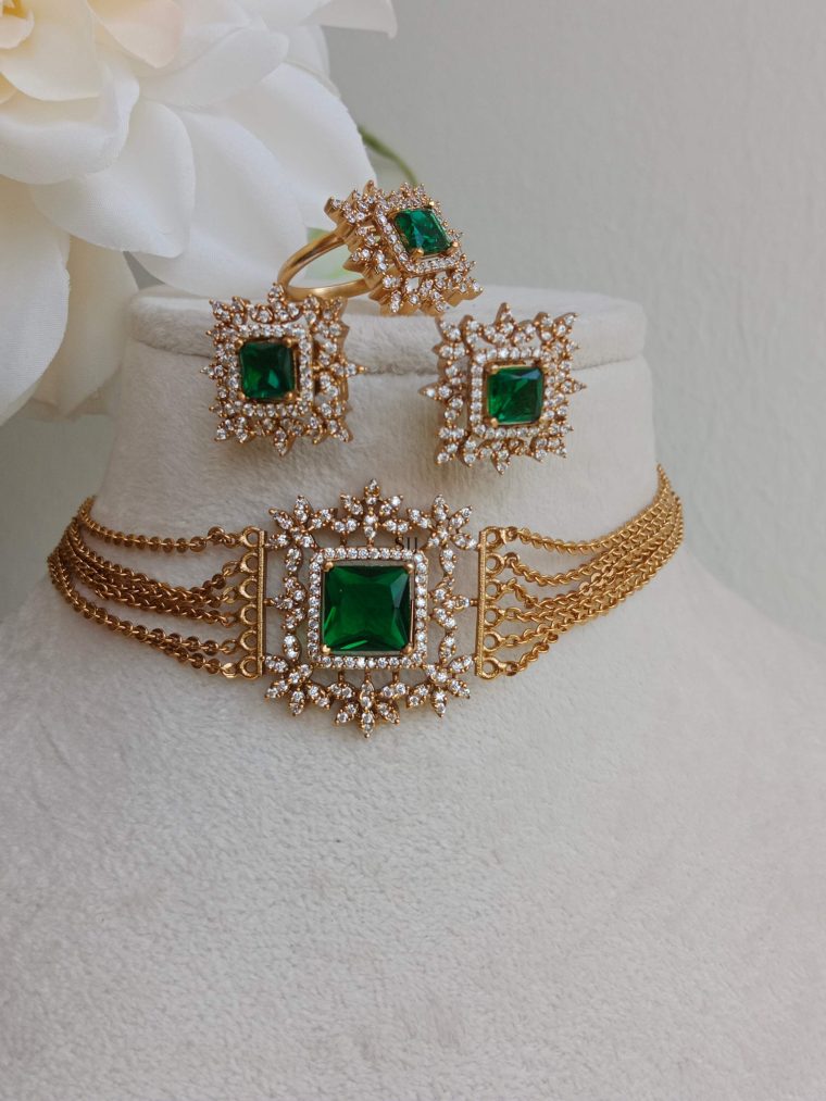 Green& White Stones Choker With Matching Ring &Earrings