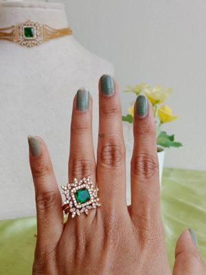 Green& White Stones Choker With Matching Ring &Earrings