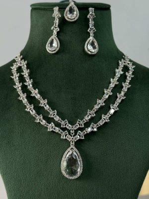 Imitation 2 Layered AD Necklace With Earrings And Maang Tikka