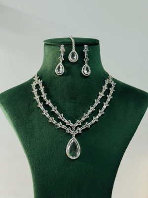 Imitation 2 Layered AD Necklace With Earrings And Maang Tikka