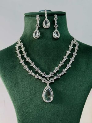 Imitation 2 Layered AD Necklace With Earrings And Maang Tikka