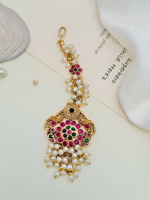 Peacock &Flower Design Pink& Green Stones Pearl Manga Tikka