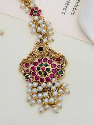 Peacock &Flower Design Pink& Green Stones Pearl Manga Tikka