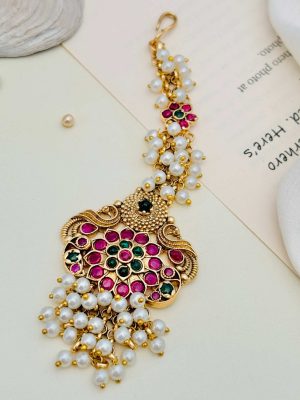 Peacock &Flower Design Pink& Green Stones Pearl Manga Tikka