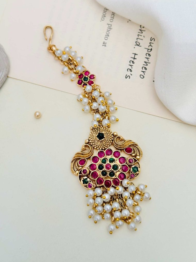 Peacock &Flower Design Pink& Green Stones Pearl Manga Tikka