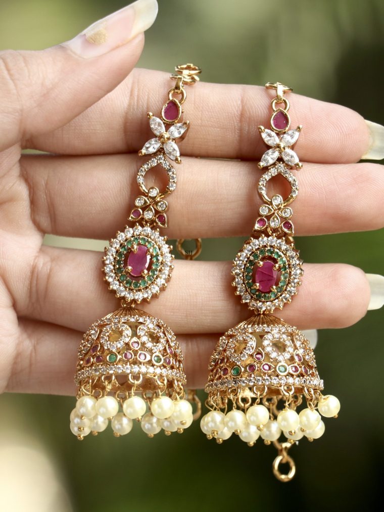 Pearl Drop Multicolor Stones Ear Chains &Jhumkas