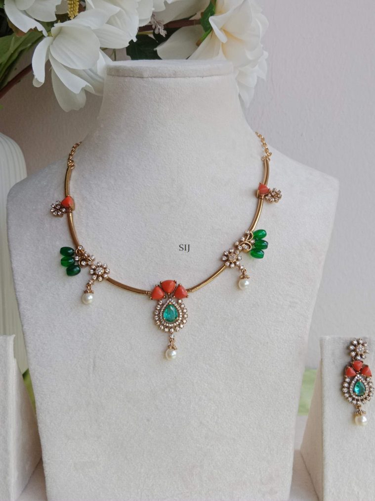 Pearl Green &Coral Beaded AD Stone Necklace