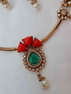 Pearl Green &Coral Beaded AD Stone Necklace